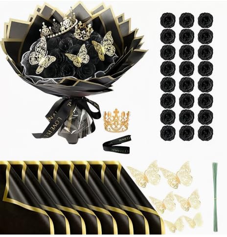 HORREX 24 Piezas Rosas Artificiales con Purpurina, Flores Artificiales Decoracion con Corona, Ramo de Flores para el Día de San Valentín, Bodas, Compromisos, Cumpleaños, Madre, Navidad (Negro)