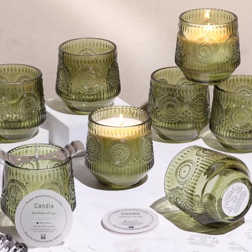 LAMORGIFT 12 Pack Green Glass Jars for Candle Making- Floral Theme 7OZ Glass Candle Making Jars, Empty Candle Jars, Candle Containers, Candle Vessels with Candle Making Accessories for Making Candles