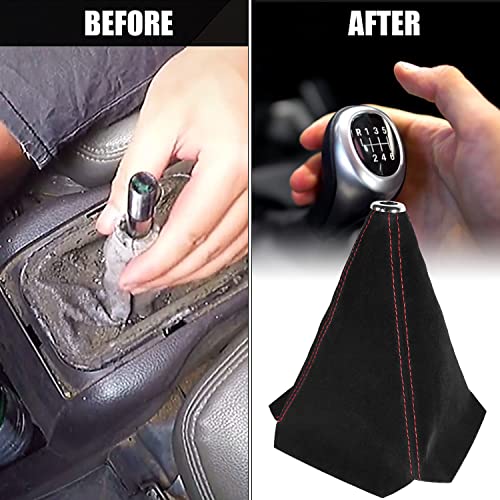 Qiang Kun Car Shift Boots Shift Knob Dust Cover Manual Gear Shift Cover Suede Leather Shift Boots Mt Gear Knob Shift Boots (Black Suede W/Red Stitching) #TOP2