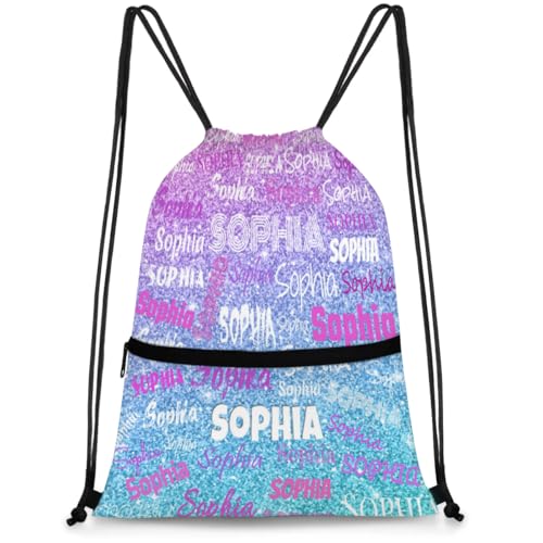 KFNHN Custom Drawstring Bag Dance Bag with Name, Personalized Strap Pack Casual String Bag Backpack, Dreamy Glittery Effect, Colorful Names