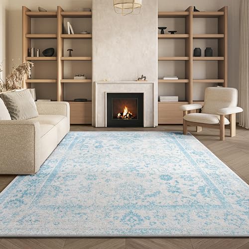 SAFAVIEH Distressed Teppich für Wohnzimmer, Esszimmer, Schlafzimmer - Adirondack Collection, Kurzer Flor, Elfenbein und Hellblau, 183 X 274 cm