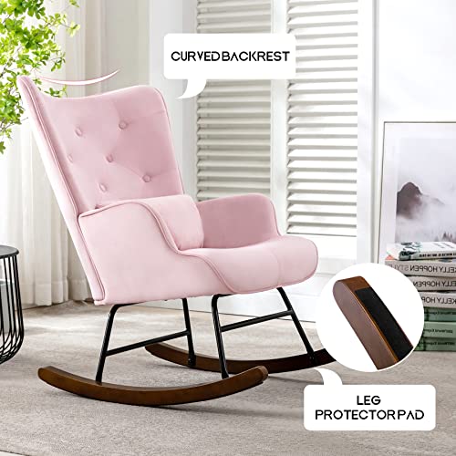 Youthup Rocking Chair For Nursery, Lazy Velvet Upholstered Reading Chair With Solid Wood Legs And Waist Pillow, Nap Armchair For Living Rooms, Bedrooms, Offices, Best Gift, Pink #TOP4