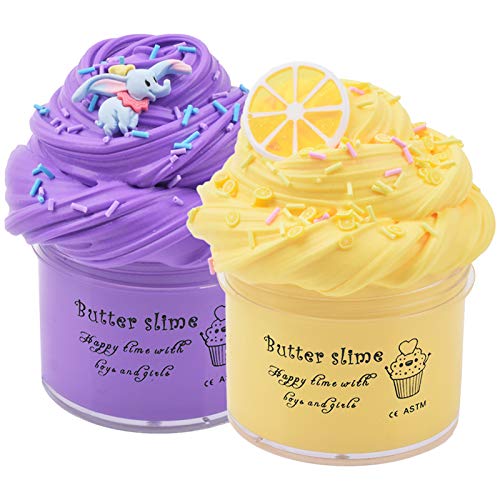 Purple Dumbo Slime Lemon Slime with Sprinkles and Fimo Slices, 2 Pack Butter Cream Slime Kit, Stretchy Cotton Candy Mud Premade Scented Crunchy Slime DIY Sludge Stress Relief Toys for Kids Boys Girls