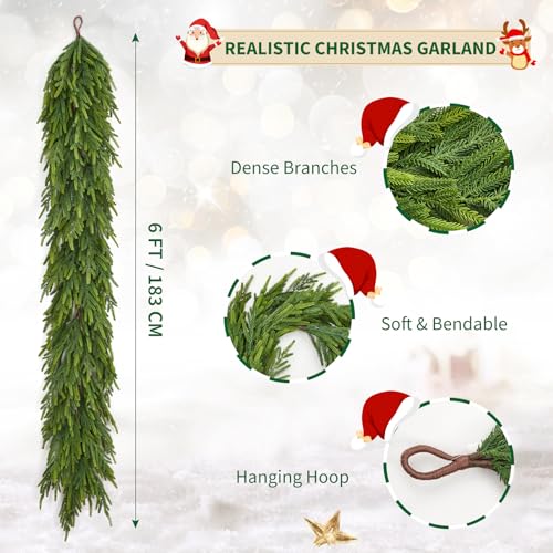 GarveeHome 6 Ft Realistic Christmas Garland, Real Touch Norfolk Pine Garland for Mantle, Dense Artificial Greenery Garland Decorations for Fireplace Stairs Railing Dining Table Indoor Outdoor, 1 Pcs