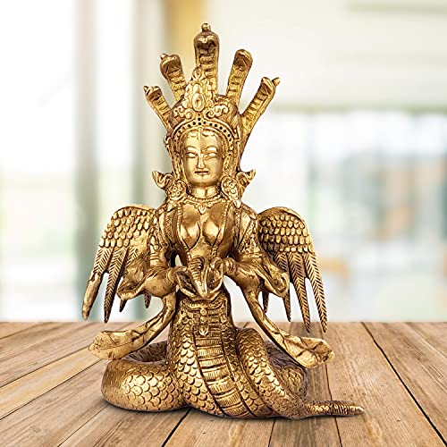 ARTVARKO Brass Serpent Snake Goddess Nag Kanya Naag Mansa Devi Handmade Patanjali Idol Murti Sculpture Statue Good Luck Charm 8.5 Inches