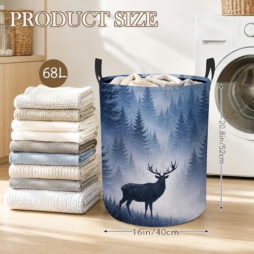 Image of Deer Forest Laundry Basket, Winter Landscape Collapsible Laundry Hamper Waterproof Oxford Cloth With Handles, Clothes Storage Bucket For Bathroom /Bedroom 16 inch x 20.8 inch