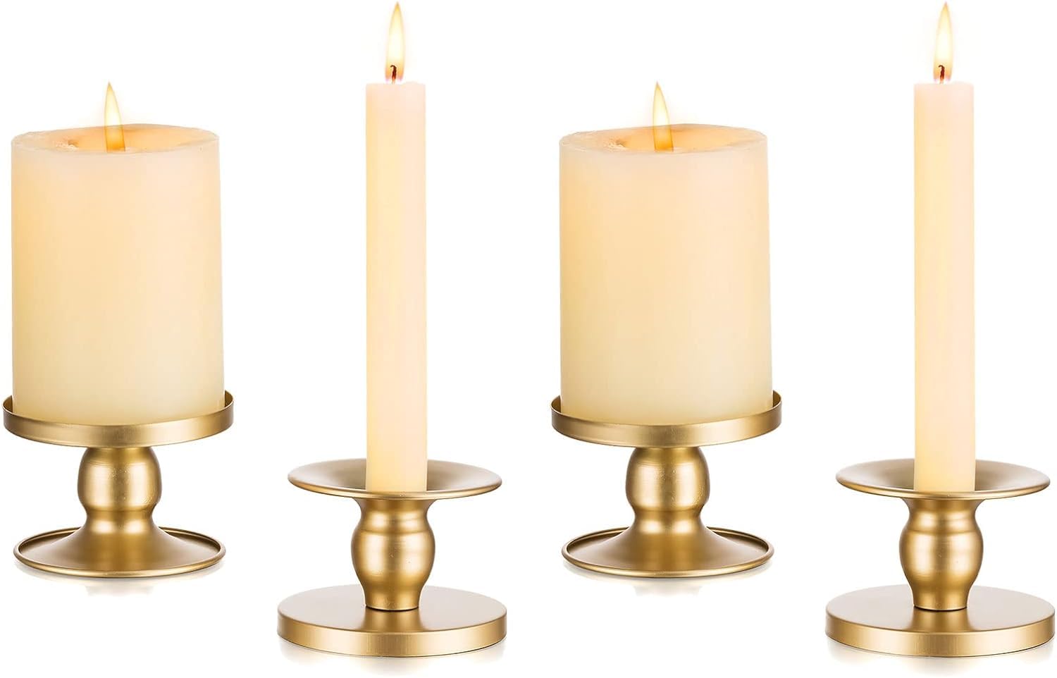 SYOSI Candle Holders for Pillar Candles, 4 Pcs Gold Pillar & Taper Candle Holder, Small Metal Candle Stick Candle Holder for Wedding, Dining Room Table Centerpiece, Holiday Decor