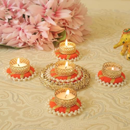 Image of TIED RIBBONS Set of 6 Florals Tealight Candle Holders for Diyas Decor Centerpieces Votives - Decorations Items for Home Decor (Yellow, Pack of 6)