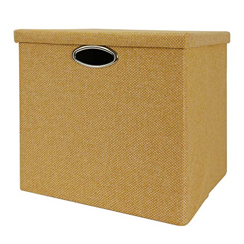 Posprica Storage Bins,13×13×13 Lidded Collapsible Storage Cubes Boxes Containers Organizer Baskets for Nursery,Office,Closet,Shelf - Set of 4, Mixed of Yellow/Beige