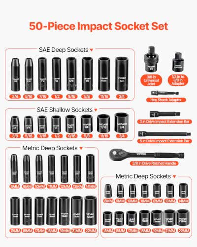 Image of VEVOR 3 /8 inch Drive Impact Socket Set, 50-Piece, Deep & Shallow Kit