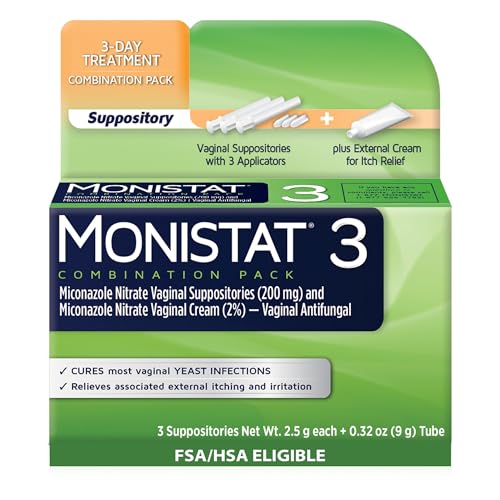 Monistat 3-Day Yeast Infection Treatment for Women, 3 Miconazole Vaginal Suppositories & External Itch Relief Antifungal Cream (9g Tube) Combo Pack