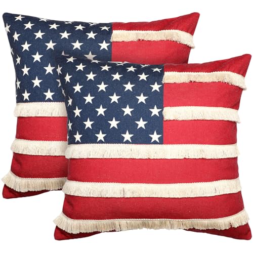 Breling 2 Pcs 4th of July Patriotic Pillow Covers 18 x 18 Inch Rustic Red White Blue Flag Throw Pillow Cover 250th Anniversary Independence Day Memorial Day Cushion Case with Fringe for Sofa Couch by Breling - Used condition - Image 7