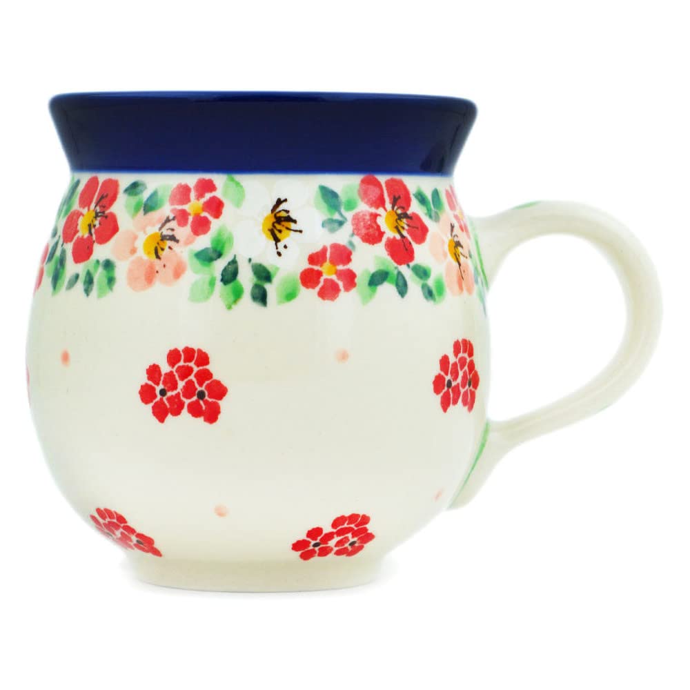 Polish Pottery 11 oz Bubble Mug made by Ceramika Artystyczna (Rosey Starburst Poppy Theme) Signature UNIKAT + Certificate of Authenticity