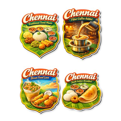Image of Regalo Casila Chennai Food Tourism Souvenir Wooden Fridge Magnet Set of 4 Traditional Tamil Meals Filter Coffee Street Food South Indian Breakfast Refrigerator Magnets