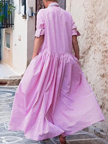 Image of chouyatou Women's Retro Plaid Button Down Maxi Shirt Dress Long Sleeve Button Up Gingham Swing Long Dress