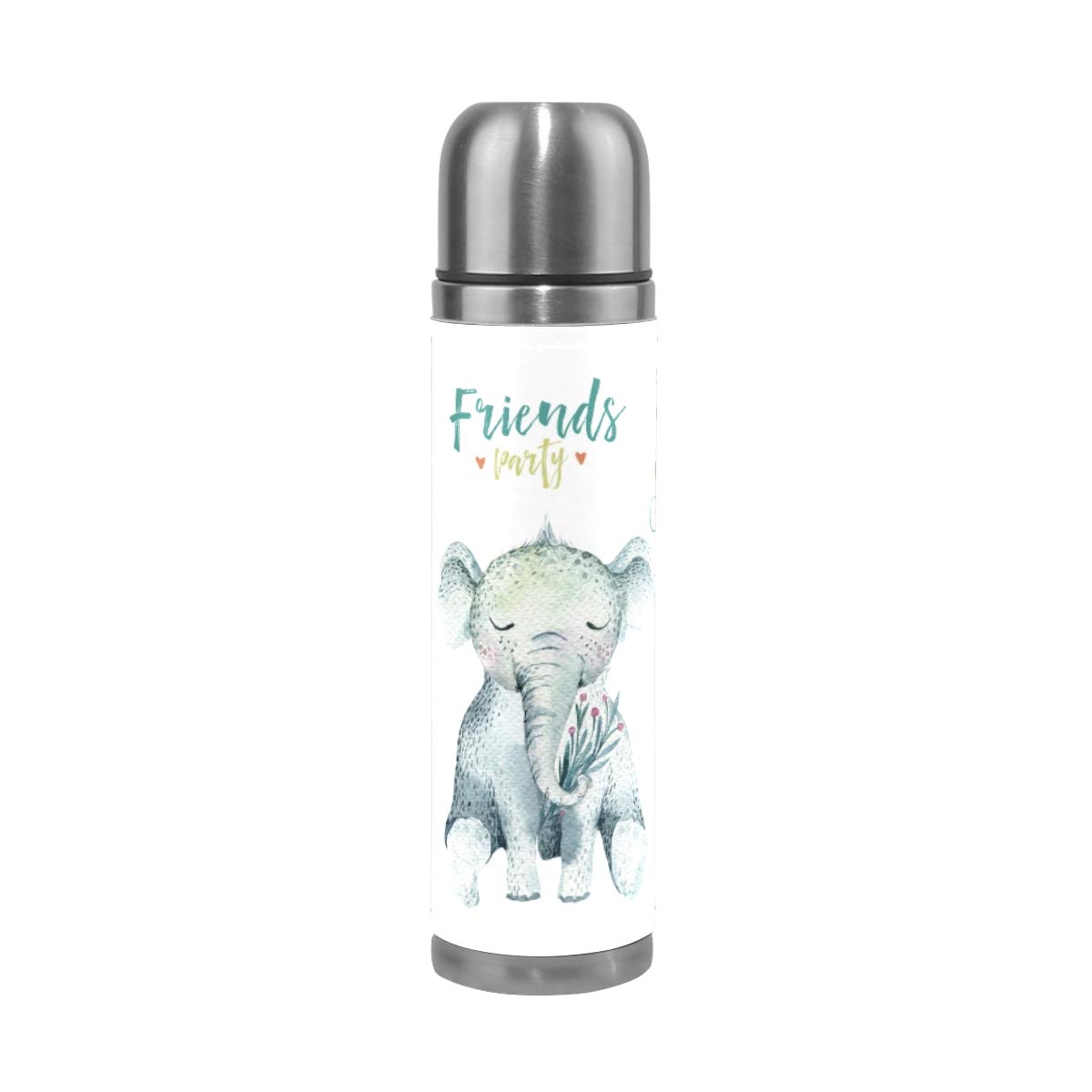 Taza de viaje aislada al vacío de acero inoxidable con doble pared a prueba de fugas, botella de agua con diseño de elefante personalizado impreso en piel auténtica, termo de 500 ml