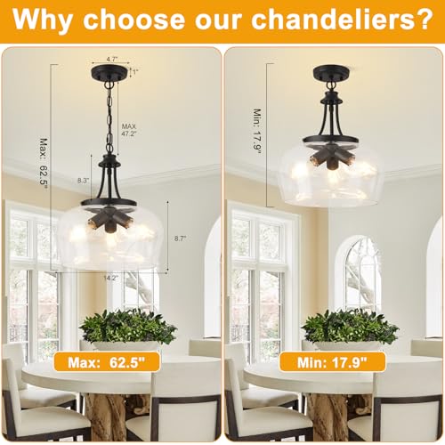 Image of Modern Pendant Lights Kitchen Island, 3-Light Black Pendant Light Fixtures with 14.2 inch Clear Glass Shade, Industrial Hanging Pendant Lights Fixture for Kitchen Island Dining Room Entryway Foyer