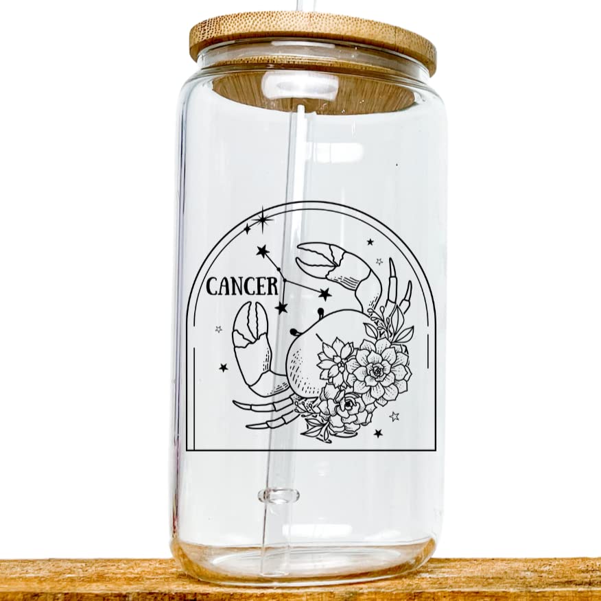 Zodiac Glass Can Cup - 16 oz Horoscope Sign Iced Coffee Glass Cup with Bamboo Lid and Reuable and Straw Coffee and Water Travel Cup, Birthday Gift disponible en Yaxa Guatemala