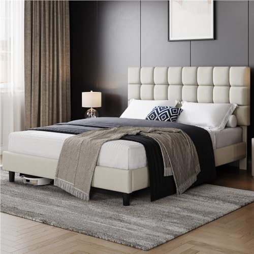 Yaheetech Lit Double Rembourré 160x200cm, avec Tête de Lit Réglable en Hauteur, Cadre de lit Capitonné avec Sommier à Lattes, Lit pour Adultes 2...