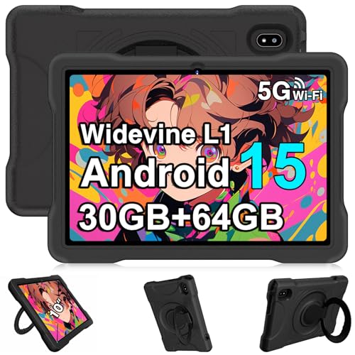 Image of Kids Tablet 10 Inch Android 15 Tablets, 30GB RAM 64GB ROM 1TB Expand, Octa-Core Tablet with Gemini AI, 6000mAh, 5G WiFi, HD IPS Display, Widevine L1, Parental Control, Drop-Proof EVA Case (Black)