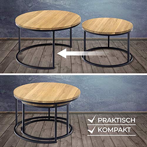Couchtisch Rund - Stylischer Satztisch aus Massiv Eichenholz Set 2er - Vintage Sofa Tisches, Massiv Wohnzimmertisch Rund… – Bild 6