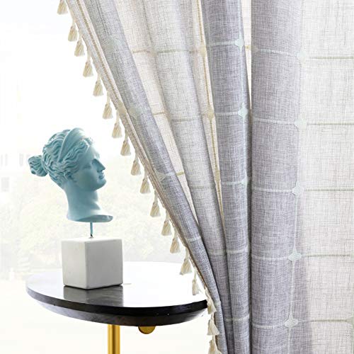 Yokii Boho Curtains For Bedroom 84-Inch Modern Farmhouse Cotton Linen Embroidery Tassel Window Curtain Panels Semi-Transparent Geometric Trellis Draperies Living Room Decor (Pairs 52W X 84L, Grey) #TOP5
