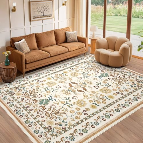 UERMEI 6x9 Area Rug Living Room Rugs - Washable Boho Vintage Floral Large Soft Non Slip Thin Rug Low Pile Carpet for Bedroom Dining Room Kids Playroom Office Decor Indoor- Brown