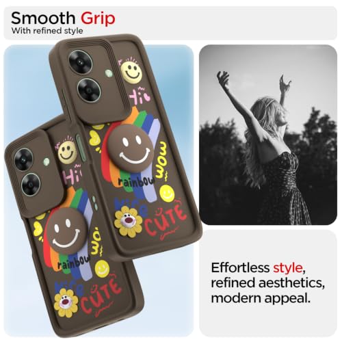Image of Pikkme Back Cover for Realme Narzo N61 / Realme C61 4G | Soft Silicone| Cute Rainbow Smile & 3D Cartoon Flower Design | Shockproof Raised Camera Protection Bumper Case (Brown)