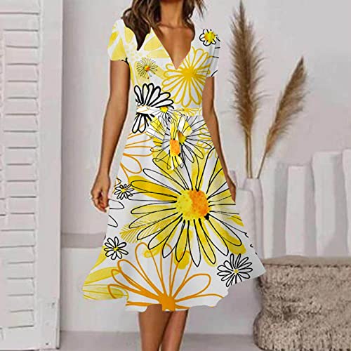 Howstar Vestidos de praia para mulheres, vestido midi de verão com decote em V, manga curta, amarrad