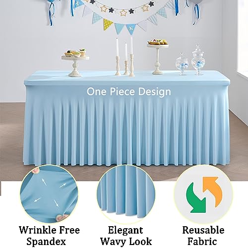 Image of 3 Packs Baby Blue Spandex Tablecloths for 6 Foot Rectangle Tables, Stretchy Fitted 6FT Blue Table Skirt for Wedding Party, Wrinkle Free Tablecloths for Banquet Wedding Birthday Party