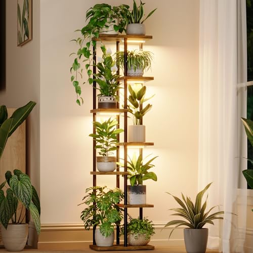 Bamworld Blumenständer mit Pflanzenlampen, 7 Stufiges Eck-Pflanzenregal aus Holz & Metall,Stabiler Indoor Pflanzenhalter für Wohnzimmer Balkon Schlafzimmer,Pflanzen Display Regal Dekoration