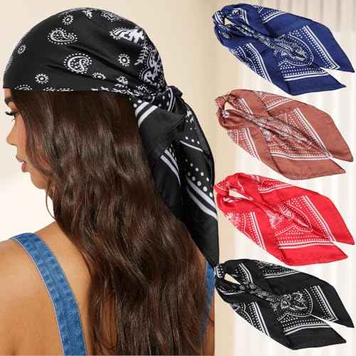 4PCS Satin Square Head Scarf 27.5” Satin Head Scarves for Women Hair Kerchief Bandanas Sleeping Head Wraps