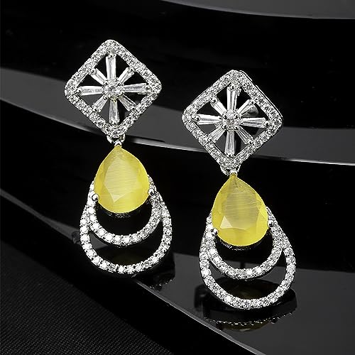 Rhodium-Plated American Diamond Teardrop Drop Earrings