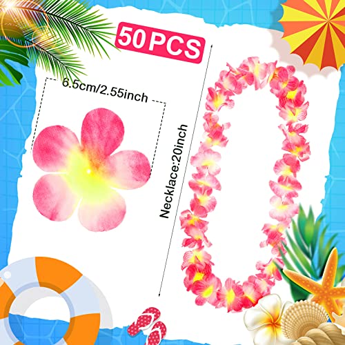 Jexine 50 Counts Hawaiian Leis Necklace Tropical Flower Leis For Luau Party Artificial Flowers Neck Loop For Decoration Beach Birthday Wedding Dance Garland Headbands (Pink) #TOP1