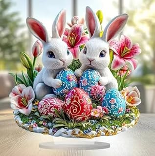 Huevos de conejo coloridos de Pascua 2D de acrílico plano para decoración de escritorio para sala de estar, juguetes de escritorio (blanco, 20 cm)
