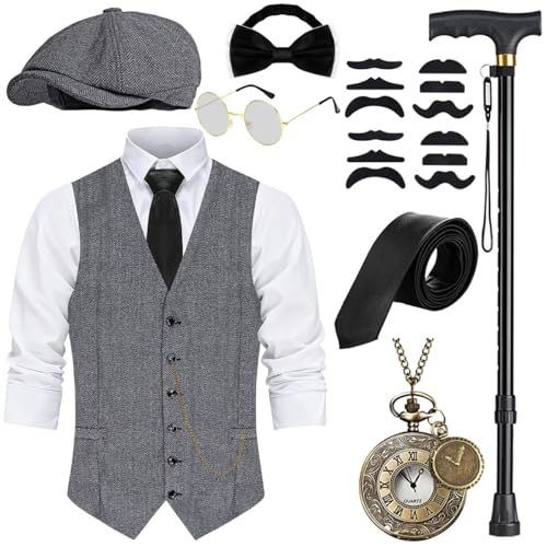 Costume Homme Année 20 Gilet avec Accessoire, Béquilles Pliables, Montre de Poche, Chapeau Fedora, Costume de Gangster Mafieux pour Hommes, Cosplay de Carnaval d'Halloween