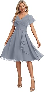 Short Bridesmaid Dresses for Women Ruffles Chiffon Sleeves Evening Gowns V Neck Formal Dress with Pocket HO049 - Buy now