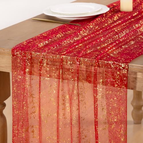 Image of Gold Glitter Table Runner Red Sheer Gauze Foil Table Runner 120 Inch