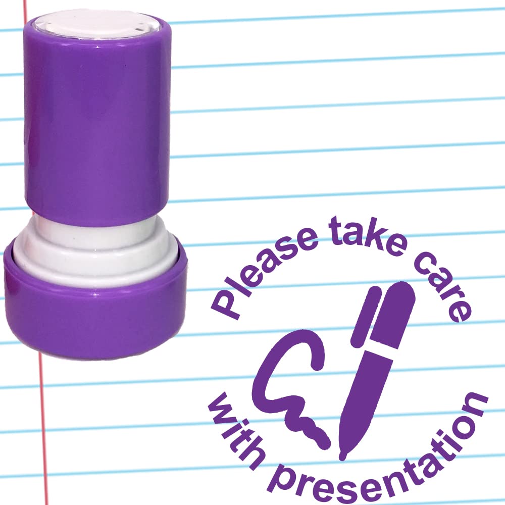 School Stamps Purple Please Take Care With Presentation Teacher Stamp. Self-Inking, 22Mm, Reinkable, Quality Stamper For Marking. Ink