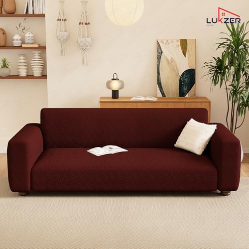 Image of Lukzer 1 Seater Pastel Deep Maroon Grid Maze Pattern Sofa Cover | 240 GSM Universal Stretch Fit Jacquard Fabric Couch Protector | Fully Covered Anti Slip & Washable Sofa Cover (90-140cm /SC-109-01)