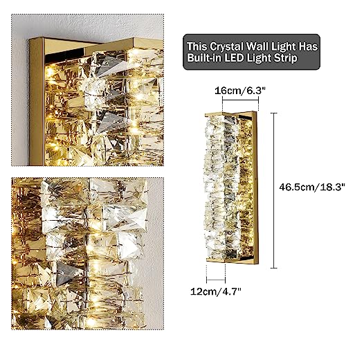 Image of Crystal Wall Sconces Set of 2 Gold Crystal Wall Lighting with LED Adjustable Color Temperature Modern Wall Lights Indoor Beautiful Glass Wall Light for Bedroom Living Room Hallway