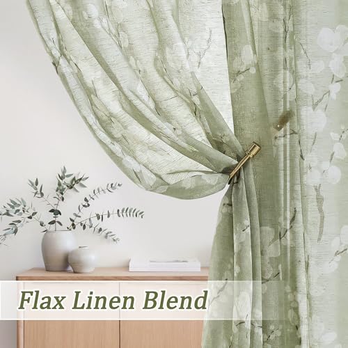 Image of FMFUNCTEX Linen Sheer Blossom Floral Curtains Sage Green 84 Inch 2 Panels