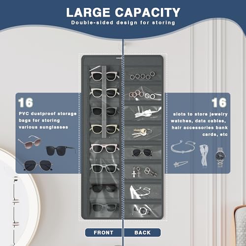 Bosuelife Hanging Sunglasses Organizer and Storage, Dual-Sided Sunglasses Case and Jewelry Holder, Wall-Mounted, 32 Clear Slots, Dust-Proof, Roof Design for Travel, Dark Gray - Thumbnail 4