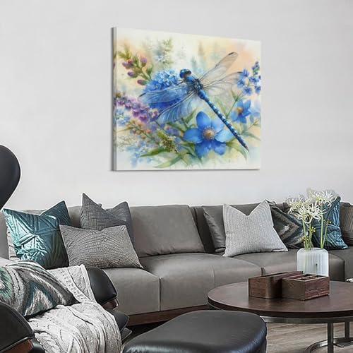 Impression sur toile libellule cadre décoration murale fleurs bleues