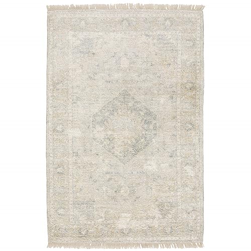 8 x 10 ft. Beige & Gray Oriental Hand Loomed Stain Resistant Rectangle Area Rug with Fringe