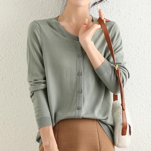 Image of Women's 100% Merino Wool Crew Neck Cardigan Sweater Top Long Sleeve Button Down 2025