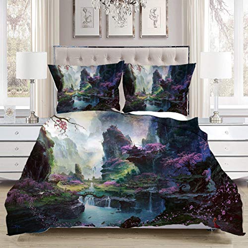 MinGz Oriental 3 Piece Bedding Set,Luxury Soft Comfortable,Fantastic World Painting Oriental Spring Landscapes,Luxurious Bedroom Bedding Set,Twin Size