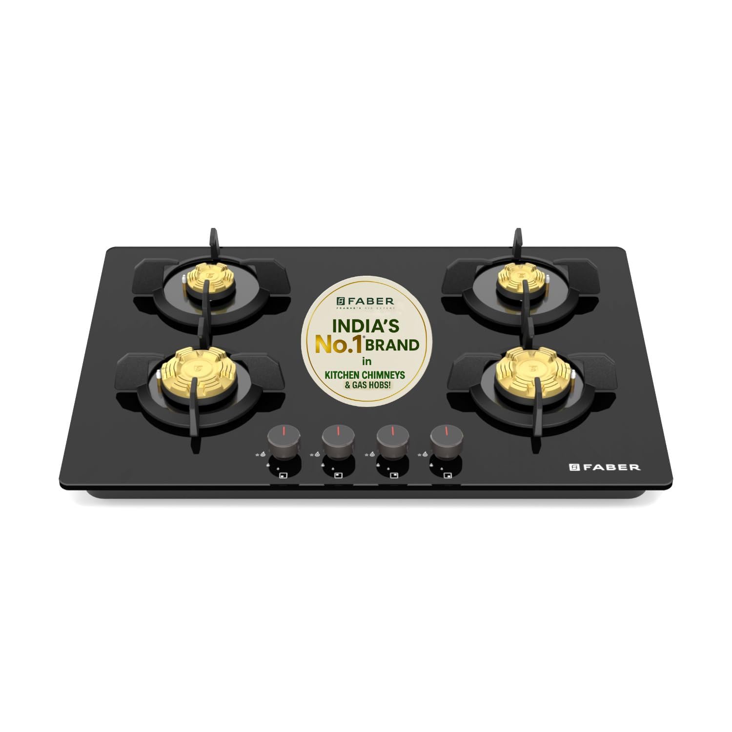Faber 4 Burner 78Cm HOB |Auto Ignition| HOB PRIME HT784 CRS BR CI AI |Metal Knobs| Cast Iron Pan Support|HOB/Cooktop Hybrid|Black Glass Finish |5 Yrs Warranty On Glass,Valve & 2 Yrs On Burner