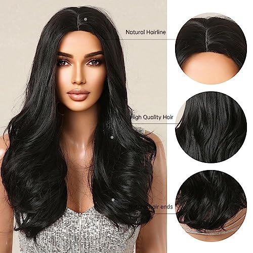Image of El Cabell Black Wigs For Women Long Natural Hair Body Wave Middle Part Wig Lace In Forehead Synthetic Wig Glueless Wigs For Daily Part Use