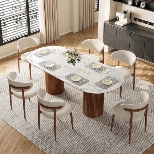 VAFON 71" Farmhouse Dining Table for 6 - Oval Kitchen Table with Glossy White Sintered Stone Tabletop & Solid Wood Base | Dual Pedestal Design, Rustic Dining Room Furniture (Brown)